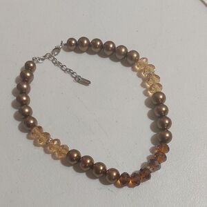 Kissaka Cognac And Topaz Shade Glass Crystals And Faux Pearls Bead Necklace